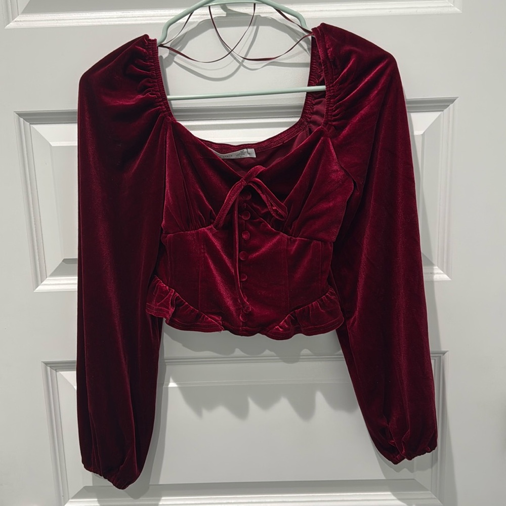 NWT Altar’d State LS Velvet Pplm Buttondown Crop burgundy
